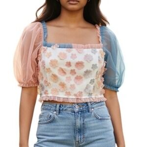 STORIA Mesh Tinkerbell Crop Top Daisy Appliques NWOT Size‎ Small